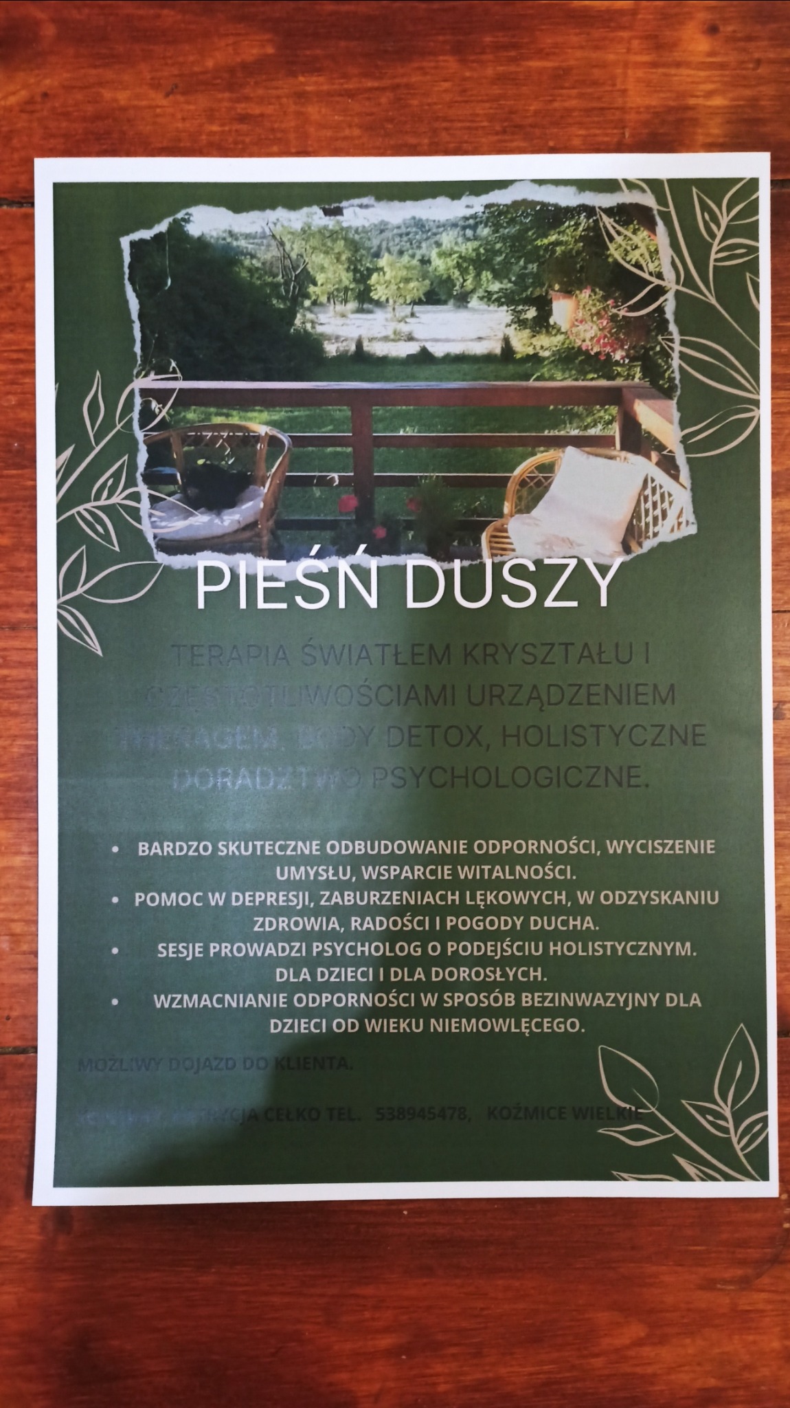 Ulotka reklamowa gabinetu 'Pieśń Duszy' oferującego terapię światłem kryształu, body detox, holistyczne doradztwo psychologiczne, z widokiem na krajobraz górski w tle.