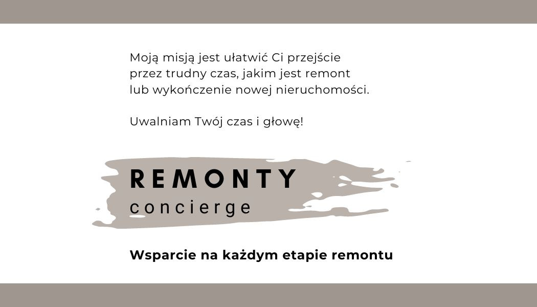Grafika reklamowa firmy z Gdańska oferującej wsparcie na każdym etapie remontu, z hasłem 'Uwalniam Twój czas i głowę!' i napisem 'REMONTY concierge'.