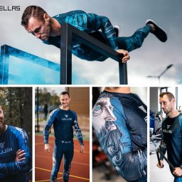 AIDY - Produkcja Odzieży - Kolaż zdjęć prezentujący sportową odzież termoaktywną z unikalnym wzorem, w tym zbliżenie na nadruk z motywem mitologicznym i ujęcia modela w różnych pozach podczas treningu.