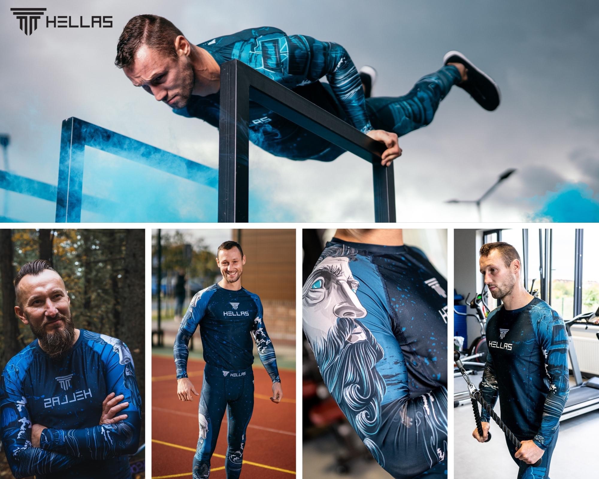 Kolaż zdjęć prezentujący sportową odzież termoaktywną z unikalnym wzorem, w tym zbliżenie na nadruk z motywem mitologicznym i ujęcia modela w różnych pozach podczas treningu.