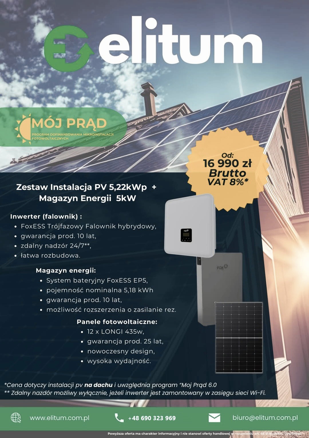 Zestaw fotowoltaiczny 5,22kWp z magazynem energii 5kW. Widoczne panele na dachu, inwerter FoxESS i system bateryjny FoxESS EP5. Oferta w programie Mój Prąd.