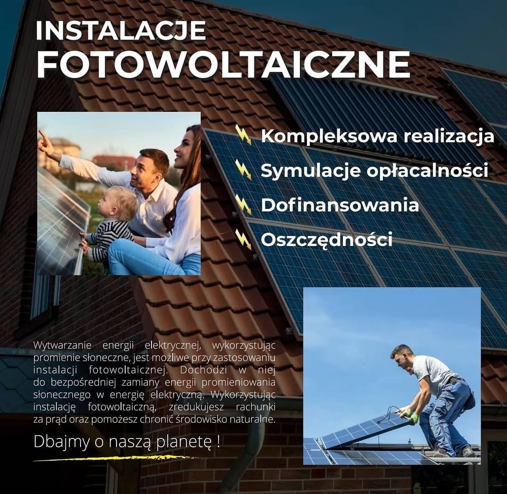 Instalacja paneli słonecznych na dachu z rodziną i montażystą. Grafika z hasłami: kompleksowa realizacja, symulacje opłacalności, dofinansowania, oszczędności.