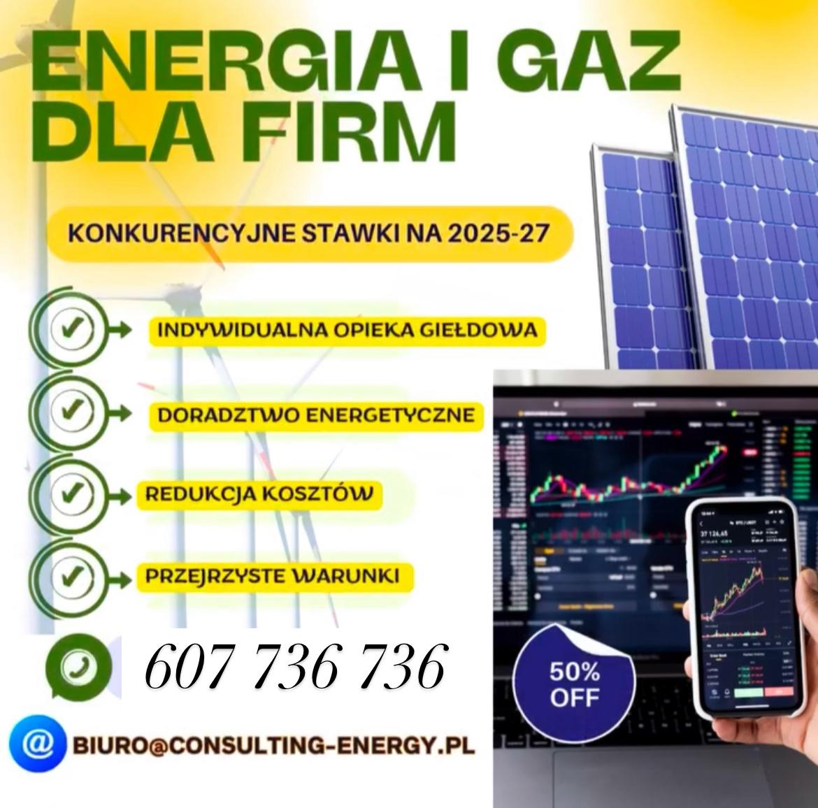 Grafika reklamowa: energia i gaz dla firm, konkurencyjne stawki na lata 2025-27, indywidualna opieka giełdowa, doradztwo energetyczne, redukcja kosztów, przejrzyste warunki. W tle panele słoneczne...