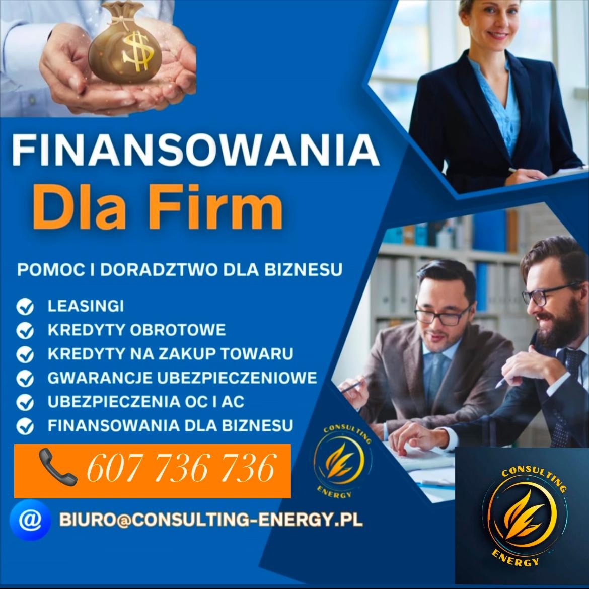 Grafika reklamowa usług finansowania dla firm, prezentująca worek z pieniędzmi, uśmiechniętą bizneswoman, dwóch mężczyzn w biurze, logo firmy consultingowej i listę oferowanych usług: leasingi...