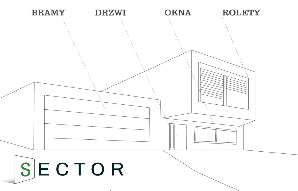 Schematyczny rysunek nowoczesnego domu z garażem, drzwiami, oknami i roletami, z logo firmy 'Sector' w lewym dolnym rogu.