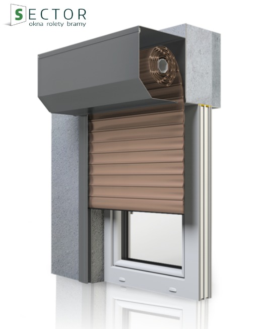 Przekrój przez elewację z zamontowaną roletą zewnętrzną w kolorze brązowym, widoczny mechanizm zwijania i fragment okna PCV.