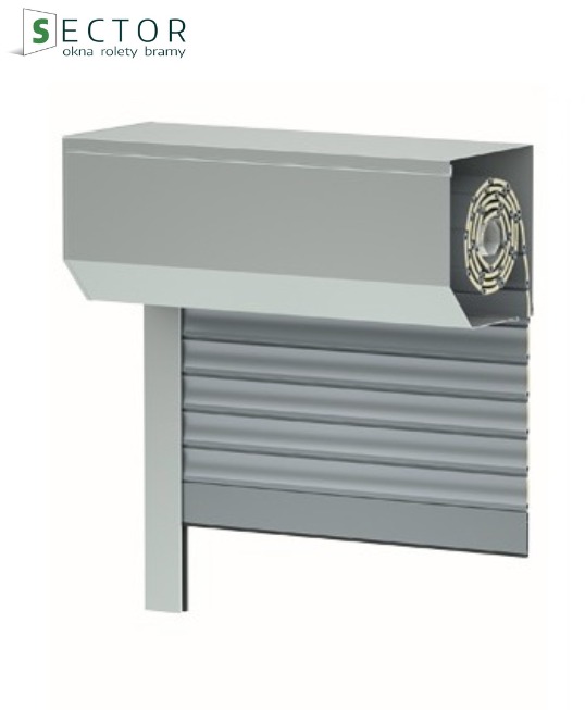 Szary profil rolety zewnętrznej z widocznym mechanizmem zwijania, prezentowany na białym tle w studiu.