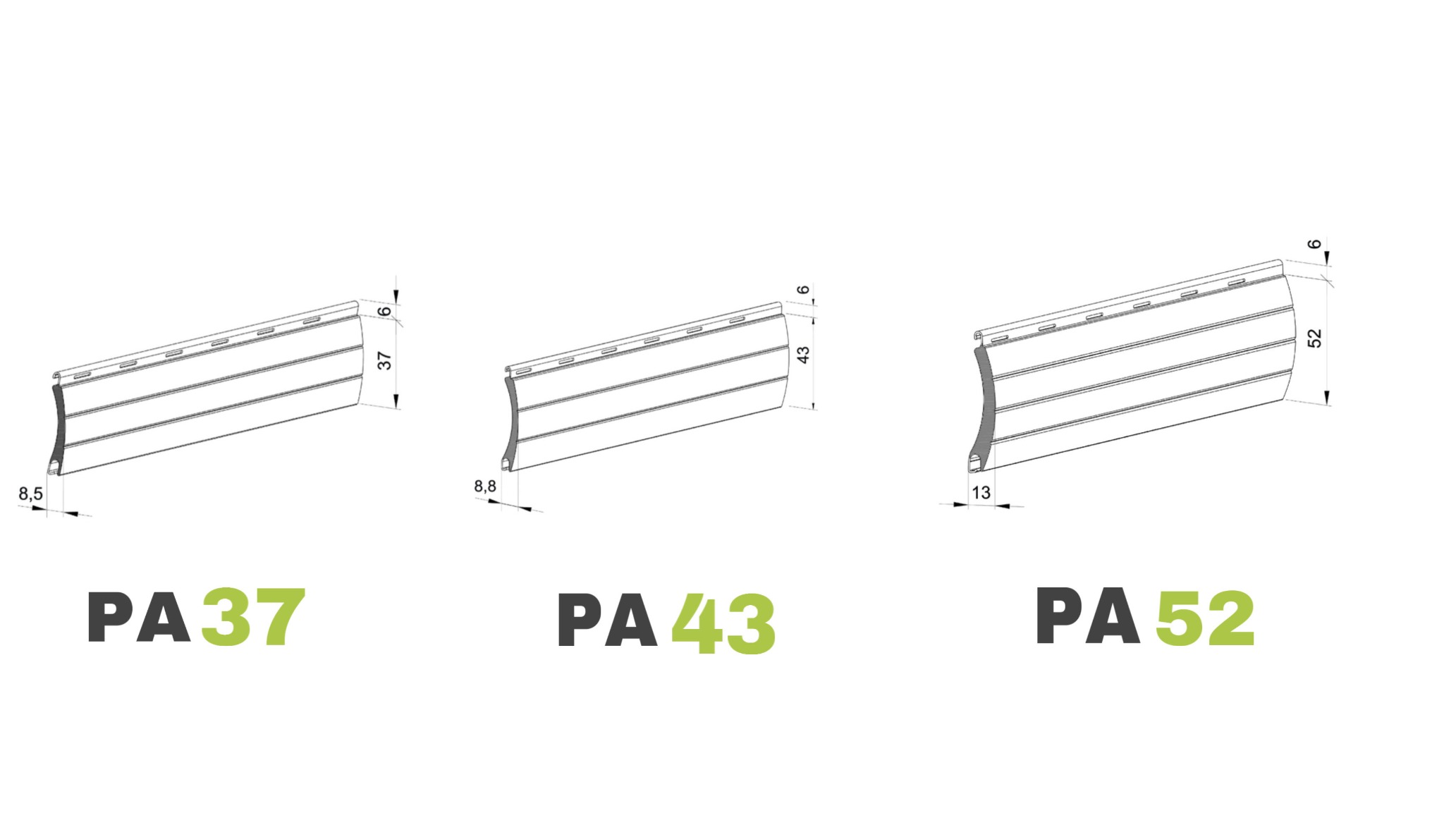 Schemat techniczny trzech profili roletowych PA37, PA43 i PA52 z podanymi wymiarami, prezentacja firmy z Bytomia.
