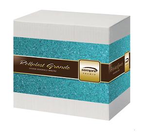 Pudełko z dekoracyjnym tynkiem strukturalnym w kolorze turkusowym, z brązowym paskiem z napisem 'Rollplast Grande' i logo 'Sempre Premio'.