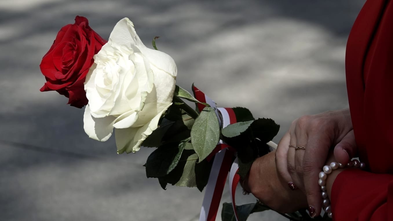 Dwie róże, biała i czerwona, przewiązane wstążką w barwach narodowych, trzymane w dłoni kobiety z perłami na nadgarstku.