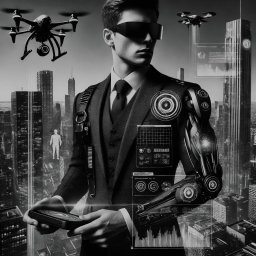 AGENCJA BEZPIECZEŃSTWA BIZNESU I MIENIA „SOPRANO” KAMIŃSKI & SŁABOSZEWSKI SPÓŁKA JAWNA - Czarno-białe zdjęcie mężczyzny w garniturze i futurystycznych okularach, z cybernetyczną ręką i dronami w tle panoramy miasta, trzymającego urządzenie przypominające smartfon.