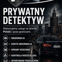 AGENCJA BEZPIECZEŃSTWA BIZNESU I MIENIA „SOPRANO” KAMIŃSKI & SŁABOSZEWSKI SPÓŁKA JAWNA - Baner agencji detektywistycznej Soprano: detektyw z aparatem w aucie, Pałac Kultury w tle, oferta usług (obserwacja, sprawy rodzinne, wykrywanie podsłuchów) i kontakt.