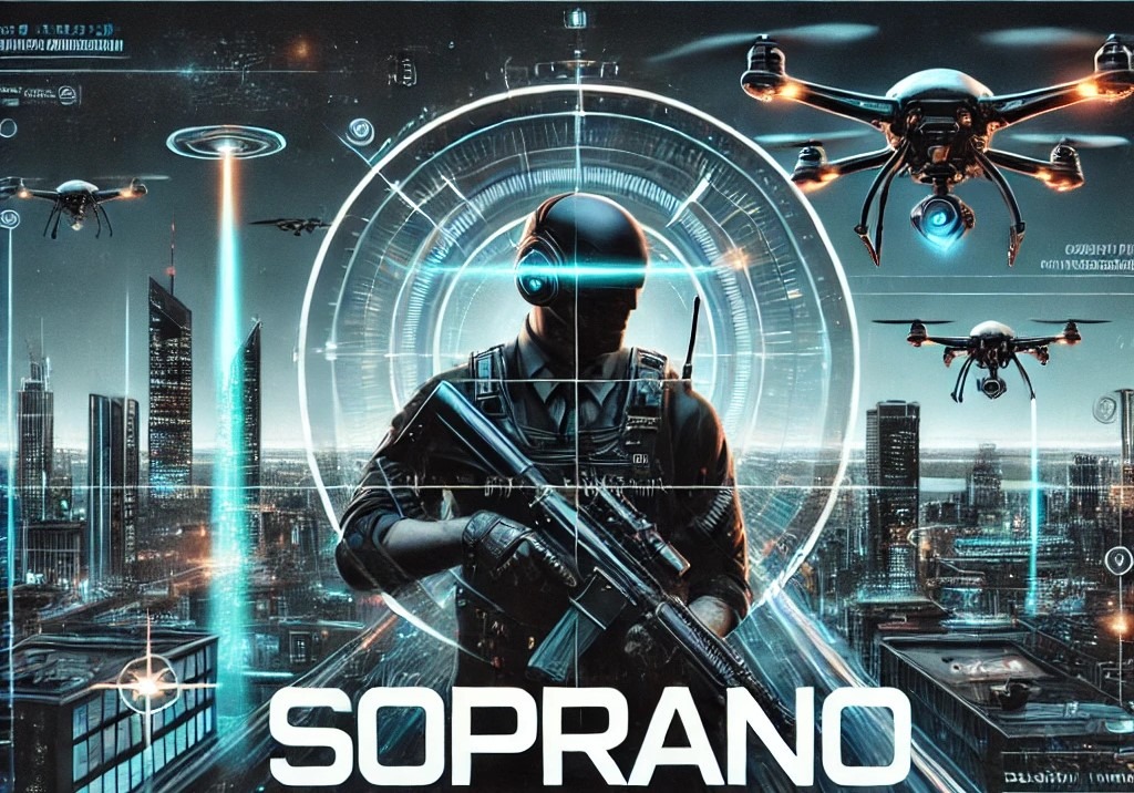 Futurystyczny ochroniarz w hełmie i słuchawkach, trzymający karabin na tle miasta z latającymi dronami i elementami interfejsu użytkownika.