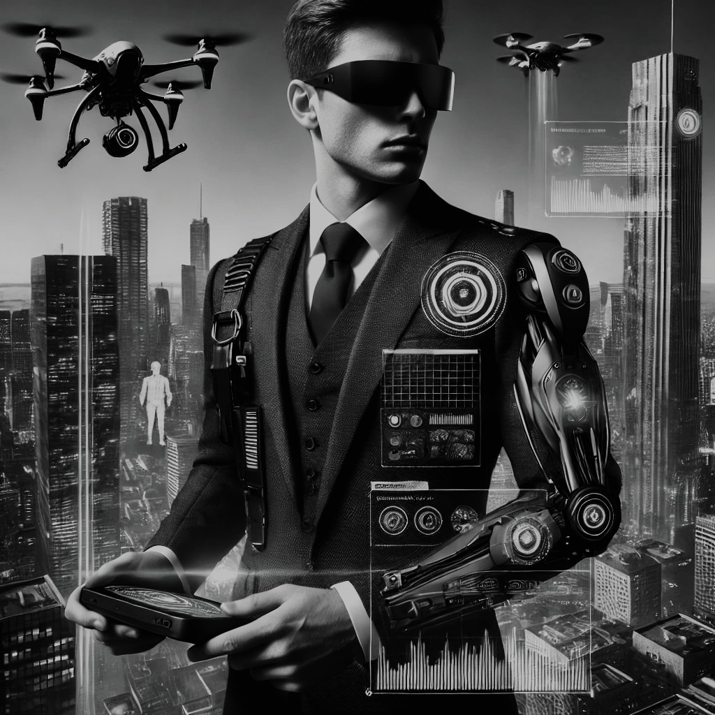Czarno-białe zdjęcie mężczyzny w garniturze i futurystycznych okularach, z cybernetyczną ręką i dronami w tle panoramy miasta, trzymającego urządzenie przypominające smartfon.