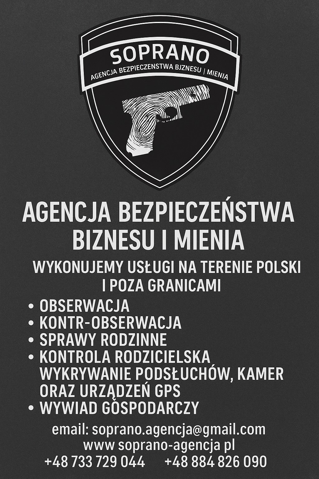 Czarno-biała grafika agencji SOPRANO z odciskiem palca w kształcie pistoletu, oferującej usługi bezpieczeństwa biznesu i mienia, w tym obserwację i wywiad gospodarczy.