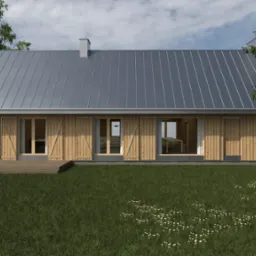 Wizualizacja parterowego domu z drewnianą elewacją, metalowym dachem i okiennicami, widok z ogrodu.