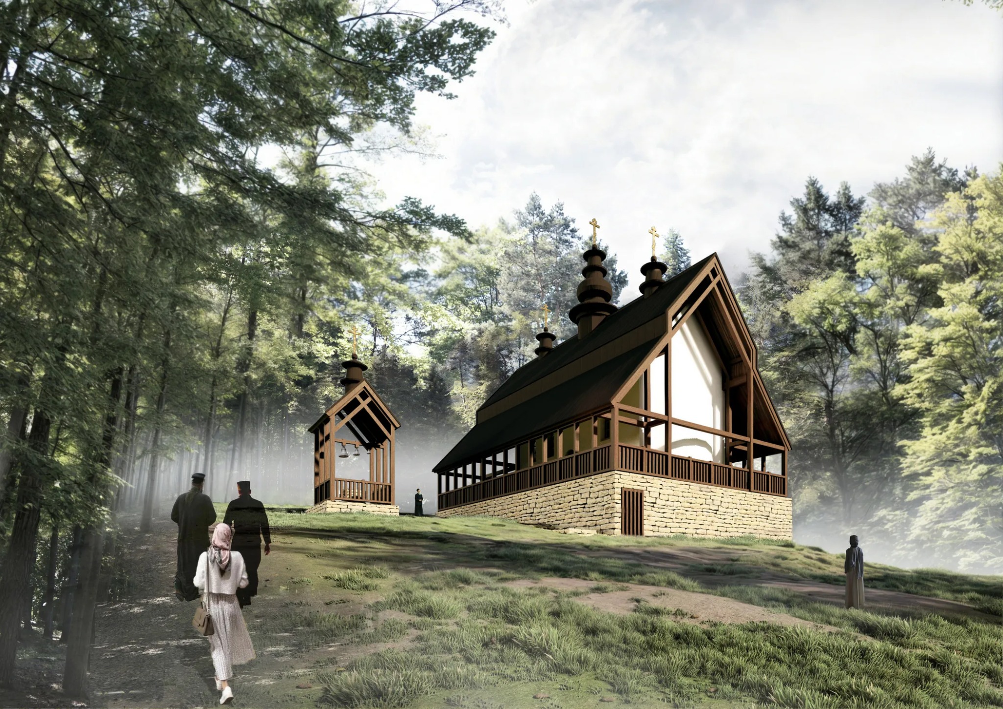 Wizualizacja projektu drewniano-murowanej cerkwi z wieżyczkami zwieńczonymi krzyżami, otoczonej lasem i postaciami ludzkimi, prezentowana w słoneczny dzień.