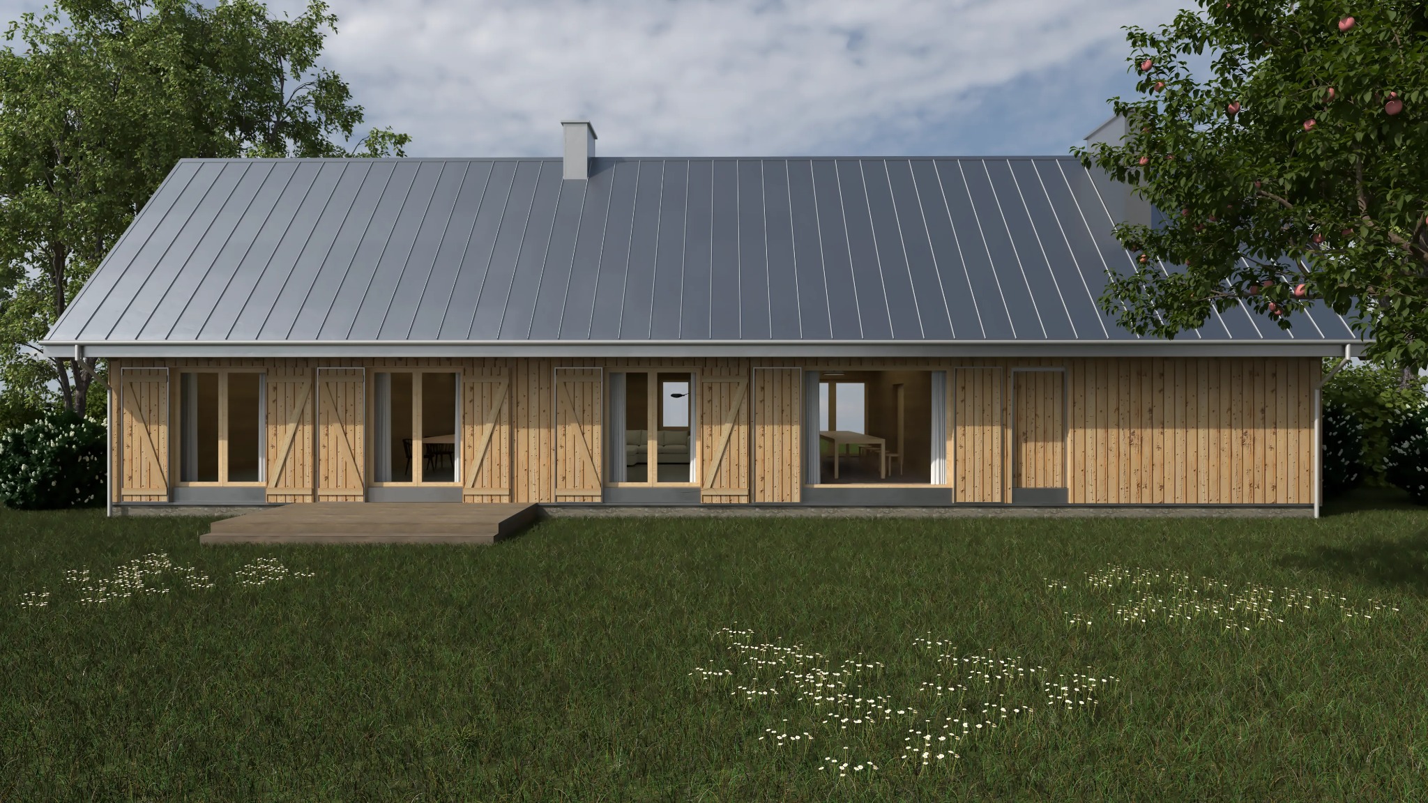 Wizualizacja parterowego domu z drewnianą elewacją, metalowym dachem i okiennicami, widok z ogrodu.