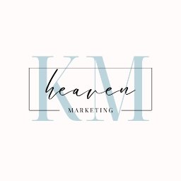 LogOn Projektowanie - Eleganckie logo 'Heaven Marketing' z inicjałami KM w tle, czarna ramka i delikatna czcionka na kremowym tle.