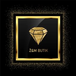 LogOn Projektowanie - Złoty diament i napis 'Ż&M BUTIK' w kwadratowej ramce na czarnym tle z drobnymi złotymi kropkami.
