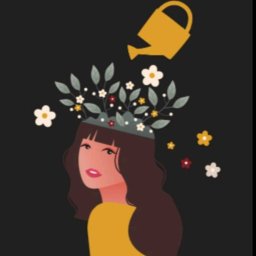 LogOn Projektowanie - Ilustracja przedstawiająca kobietę z kwiatami i liśćmi wyrastającymi z jej głowy, podlewanymi z konewki, na czarnym tle.