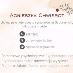 LogOn Projektowanie - Elegancka wizytówka psycholog, psychoterapeuta systemowego z ilustracją kobiety z kwiatami we włosach, zawierająca dane kontaktowe i zakres usług.