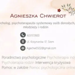 Elegancka wizytówka psycholog, psychoterapeuta systemowego z ilustracją kobiety z kwiatami we włosach, zawierająca dane kontaktowe i zakres usług.