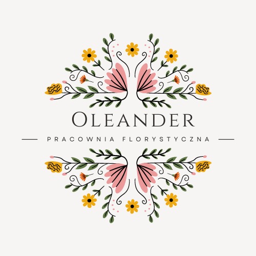 Ilustracja z nazwą 'OLEANDER PRACOWNIA FLORYSTYCZNA' otoczoną symetrycznym, stylizowanym ornamentem roślinnym z żółtymi i różowymi kwiatami na kremowym tle.