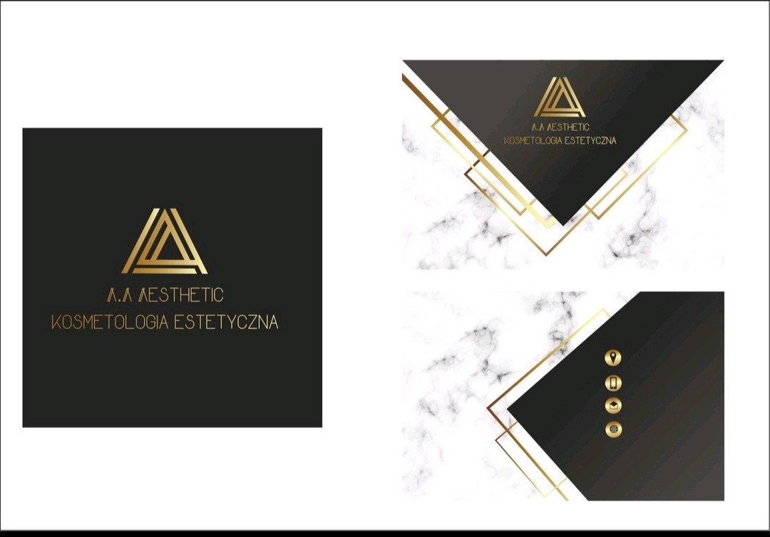 Projekt wizytówki dla salonu kosmetycznego A.A Aesthetic z logo w kolorze złotym na czarnym tle, uzupełnione marmurowym wzorem.