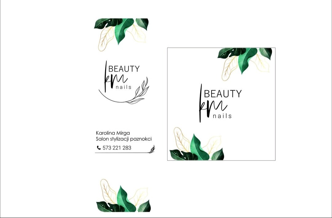 Projekt wizytówki i znaku graficznego dla salonu stylizacji paznokci z motywem zielonych tropikalnych liści.