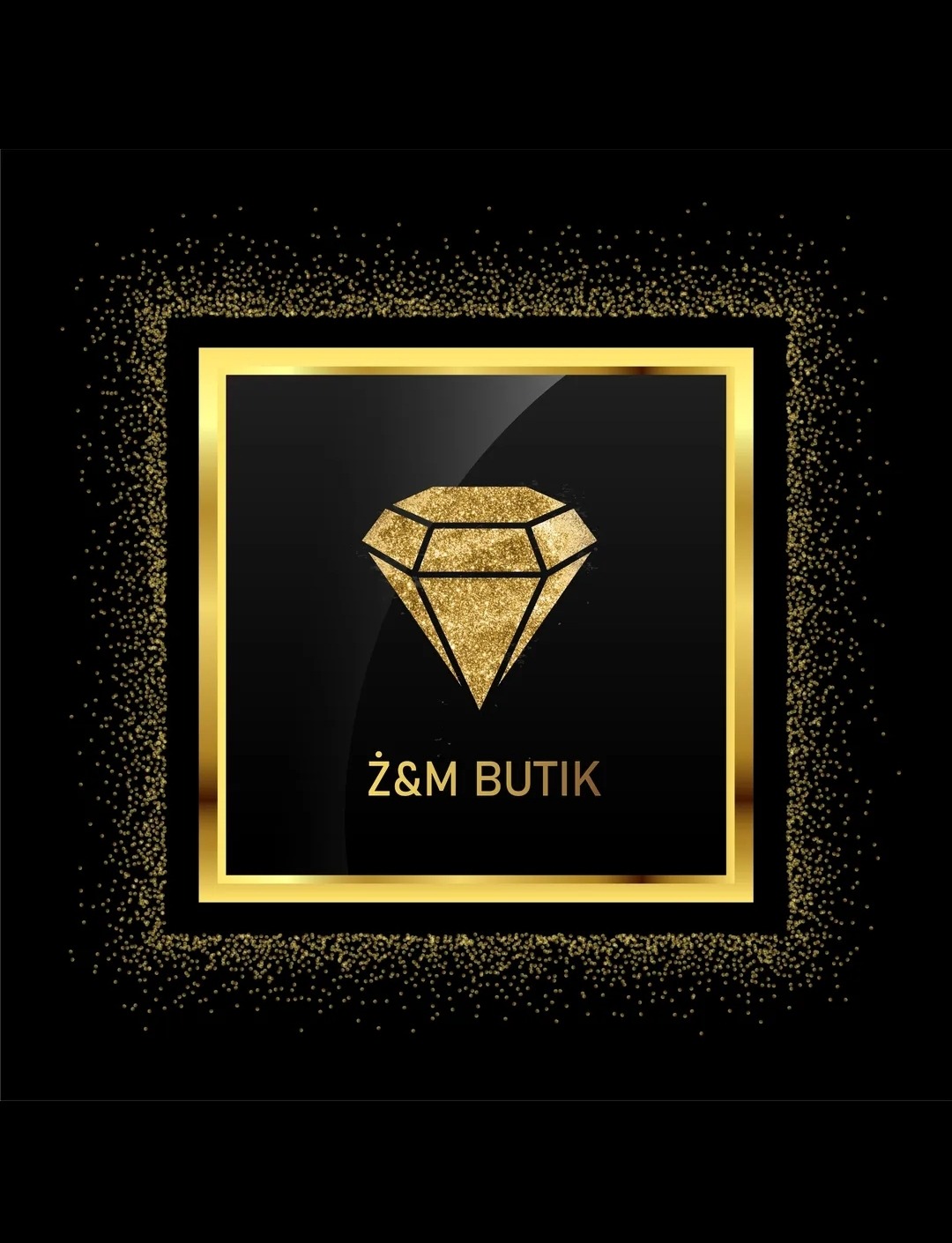 Złoty diament i napis 'Ż&M BUTIK' w kwadratowej ramce na czarnym tle z drobnymi złotymi kropkami.