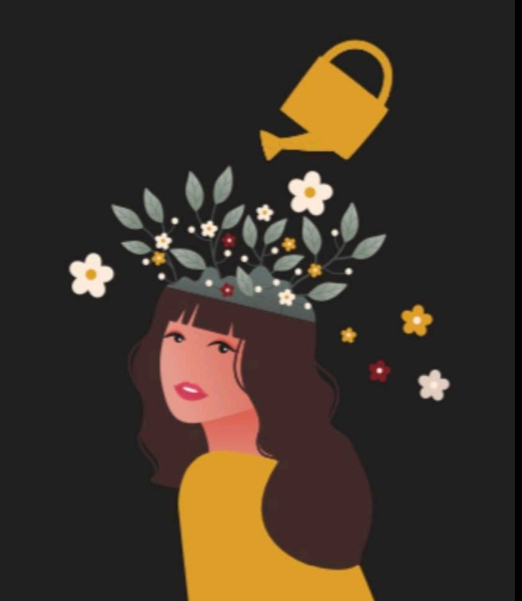 Ilustracja przedstawiająca kobietę z kwiatami i liśćmi wyrastającymi z jej głowy, podlewanymi z konewki, na czarnym tle.