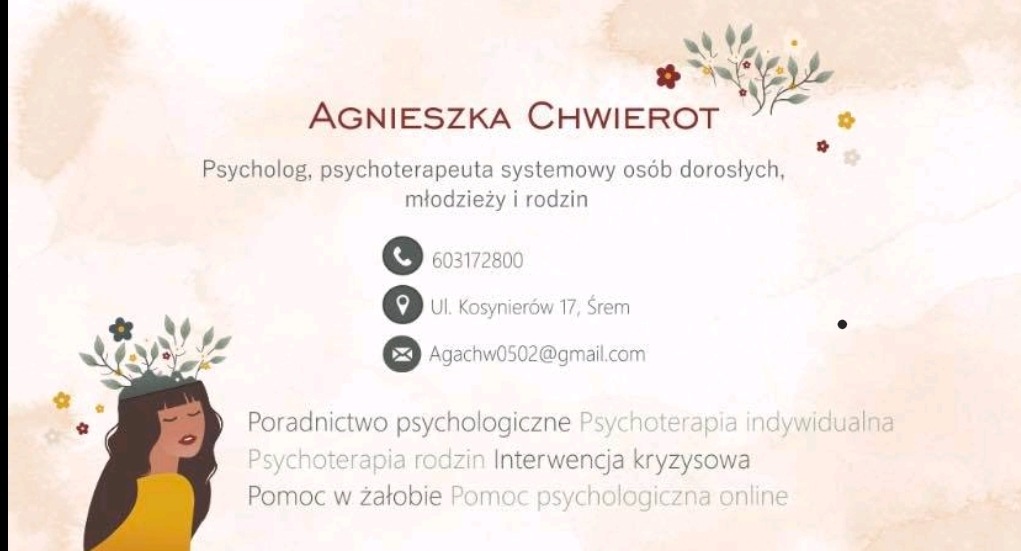 Elegancka wizytówka psycholog, psychoterapeuta systemowego z ilustracją kobiety z kwiatami we włosach, zawierająca dane kontaktowe i zakres usług.
