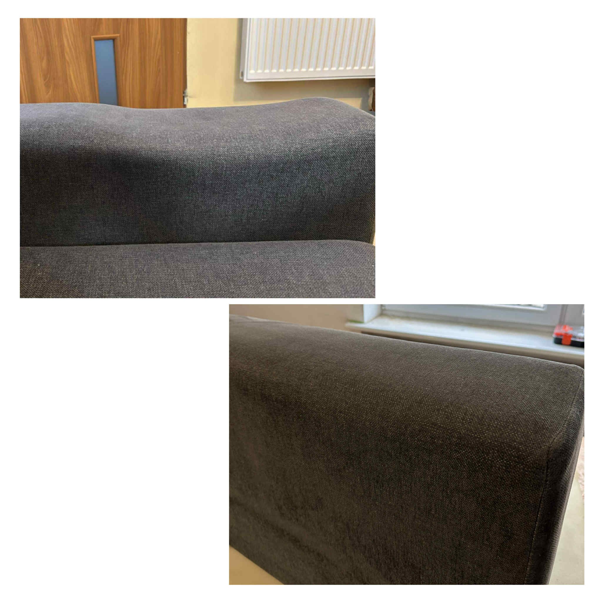 Detale szarej, tekstylnej kanapy z bliska, z widoczną fakturą materiału i fragmentem okna w tle. Ujęcie podkreśla precyzję wykonania i dbałość o detale tapicerki.