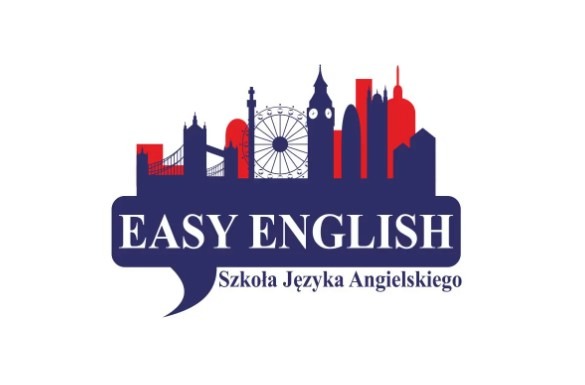 Logo szkoły językowej Easy English z sylwetką Londynu w tle, w kolorystyce granatowo-czerwonej.