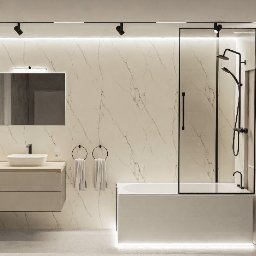 Och.Design - Nowoczesna łazienka z marmurową ścianą, podwójną umywalką nablatową, kabiną prysznicową ze szklaną ścianką, wanną podświetloną LED, oraz pralką i suszarką w zabudowie.