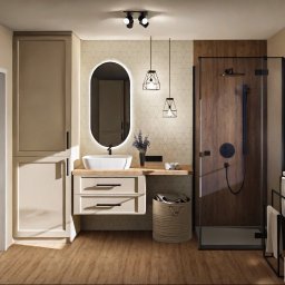 Och.Design - Wizualizacja nowoczesnej łazienki z owalnym lustrem z podświetleniem LED, kabiną prysznicową z drewnopodobną ścianą, wiszącą szafką z umywalką nablatową oraz geometryczną tapetą w tle.