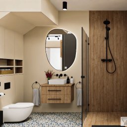 Och.Design - Wizualizacja nowoczesnej łazienki z drewnianymi akcentami, owalnym lustrem z podświetleniem LED, kabiną prysznicową typu walk-in i wzorzystą podłogą w odcieniach błękitu i beżu.
