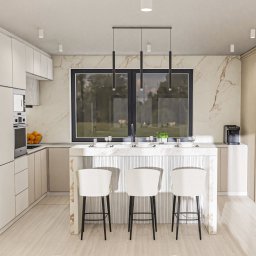 Och.Design - Wizualizacja nowoczesnej, jasnej kuchni z marmurowym blatem, wyspą i trzema białymi hokerami. Duże okno z widokiem na zieleń. Szklana witryna z dekoracyjnym szkłem. Minimalistyczne oświetlenie.