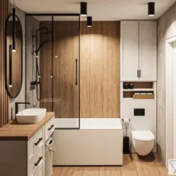 Nowoczesna łazienka z drewnianymi akcentami: umywalka nablatowa na drewnianym blacie, kabina prysznicowa typu walk-in z drewnianą ścianą, biała wanna i toaleta, oświetlenie punktowe.