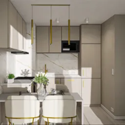 Wizualizacja kuchni w beżach z marmurowym backsplashiem, złotymi akcentami w postaci lamp i uchwytów, stół z krzesłami i wazonem białych róż.