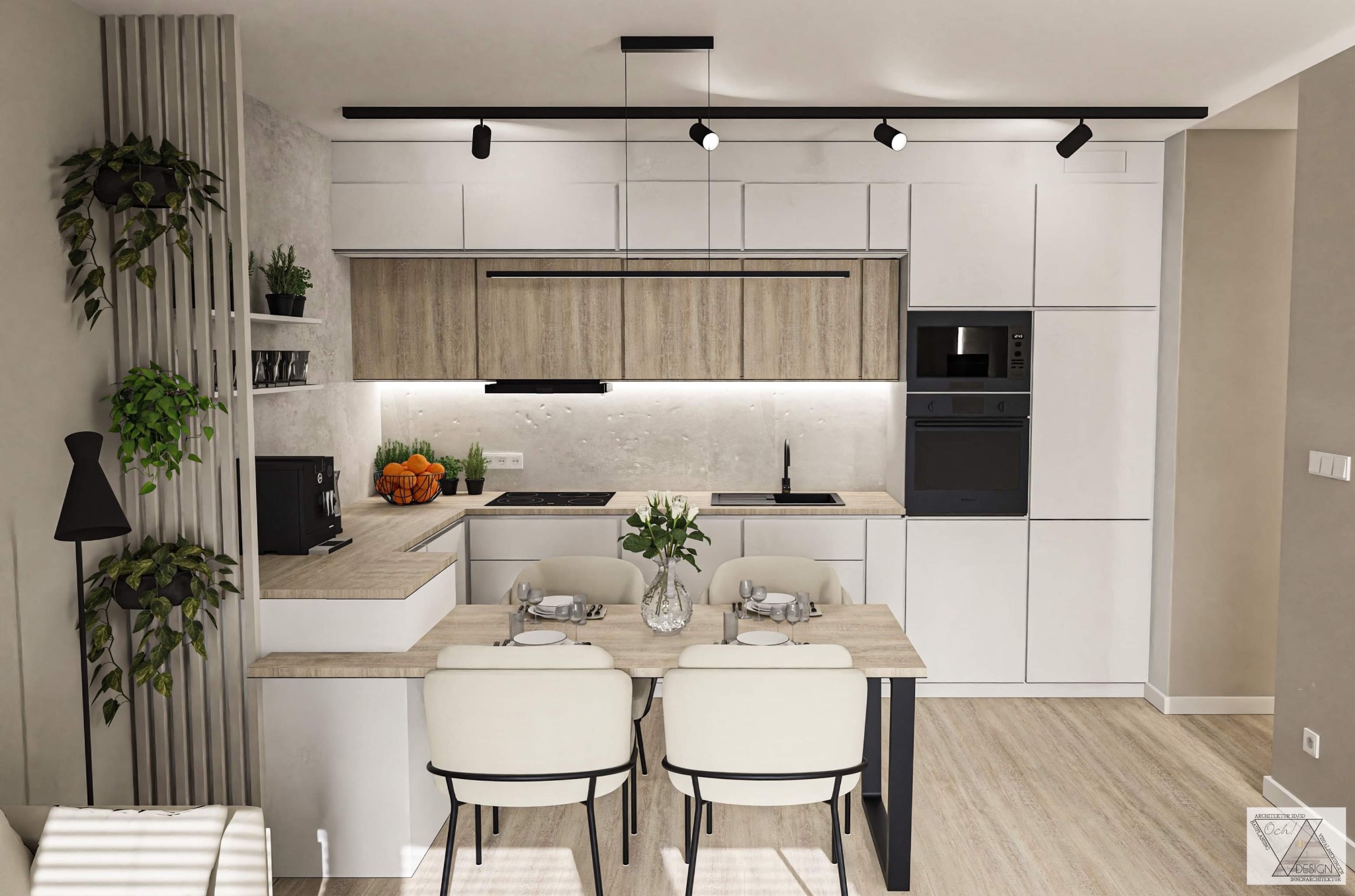 Wizualizacja nowoczesnej kuchni z drewnianymi akcentami, białymi szafkami i czarnymi lampami punktowymi, stół z nakryciem i kwiatami na pierwszym planie, rośliny doniczkowe w tle.