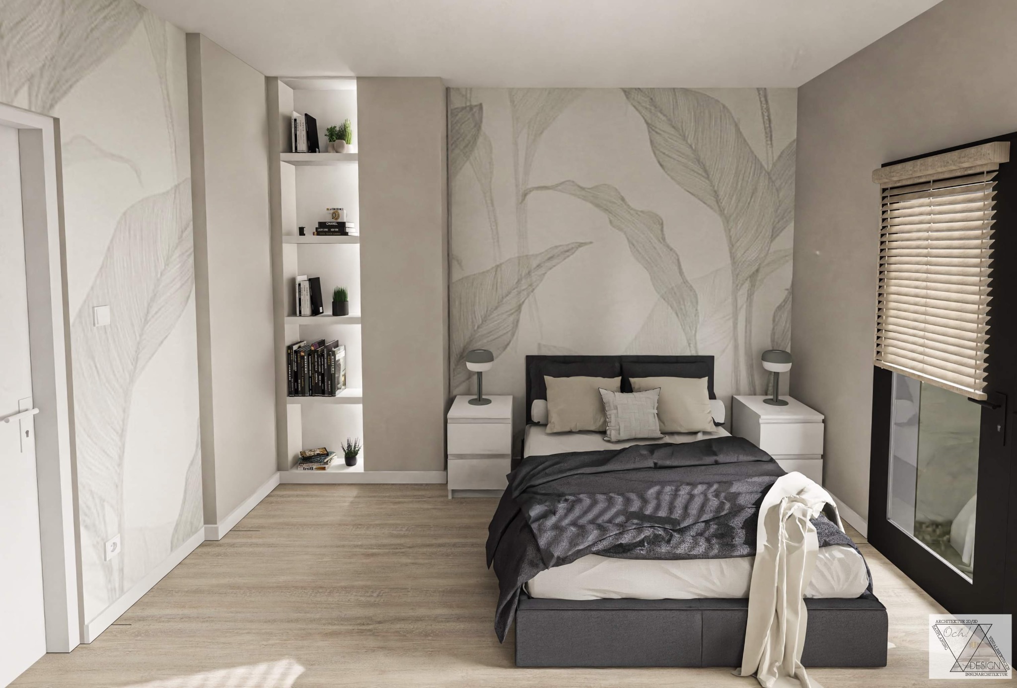 Neutralna sypialnia z łóżkiem kontynentalnym, tapetą z motywem liści i wbudowanym regałem z książkami, oświetlona światłem dziennym wpadającym przez okno z żaluzjami.