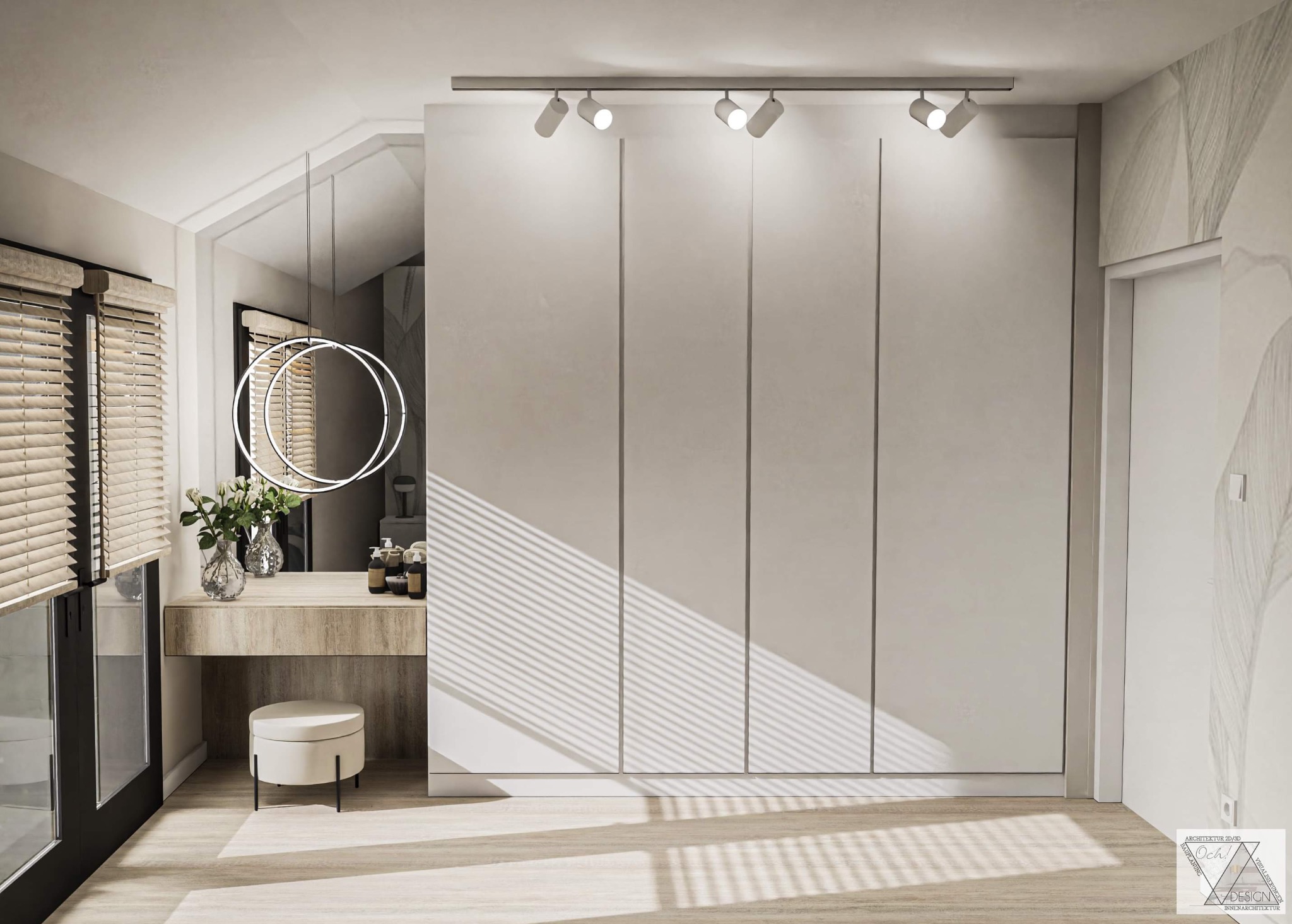 Jasne wnętrze sypialni z toaletką, okrągłym lustrem z podświetleniem LED, białym pufem i dużą szafą wnękową oświetloną reflektorami sufitowymi, promienie słoneczne wpadają przez żaluzje.