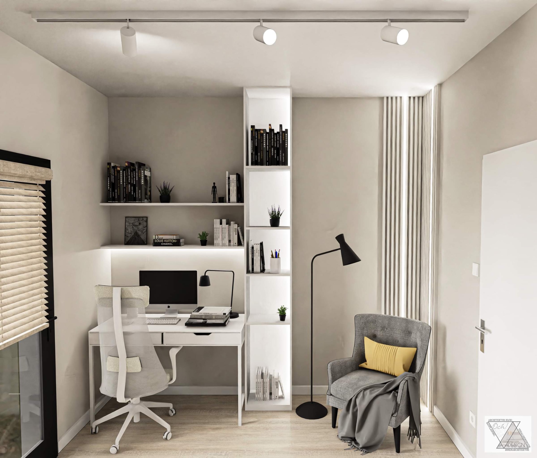 Nowoczesny gabinet z białym biurkiem, ergonomicznym krzesłem, półkami z książkami podświetlonymi LED, szarym fotelem z żółtą poduszką i czarną lampą podłogową, oświetlenie sufitowe punktowe.