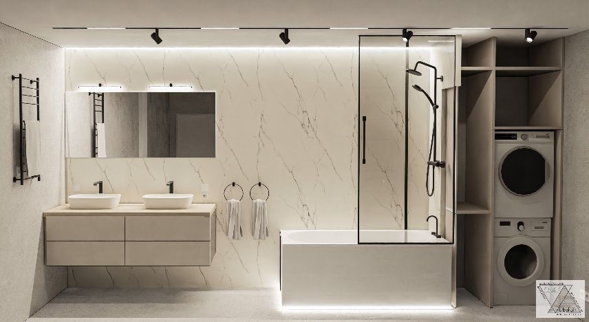 Nowoczesna łazienka z marmurową ścianą, podwójną umywalką nablatową, kabiną prysznicową ze szklaną ścianką, wanną podświetloną LED, oraz pralką i suszarką w zabudowie.