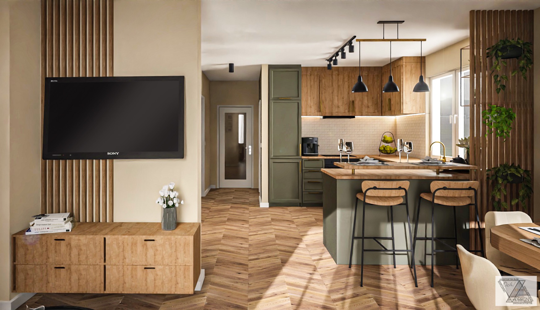 Wnętrze mieszkania z otwartą kuchnią, drewnianą podłogą w jodełkę, wyspą kuchenną z hokerami, ścianą TV z drewnianymi lamelami i szafką RTV, oraz zielonymi akcentami w zabudowie kuchennej...