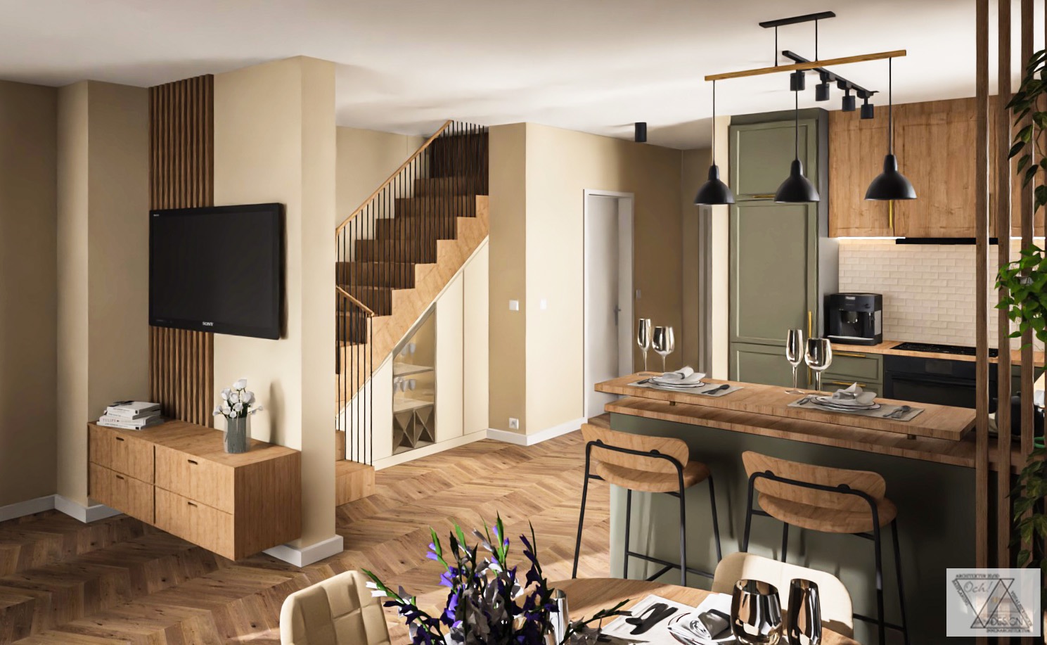 Wnętrze salonu z kuchnią i schodami w nowoczesnym stylu: drewniana podłoga w jodełkę, zielone szafki kuchenne, wyspa z hokerami, telewizor na ścianie z drewnianymi panelami, schody z przeszkloną...