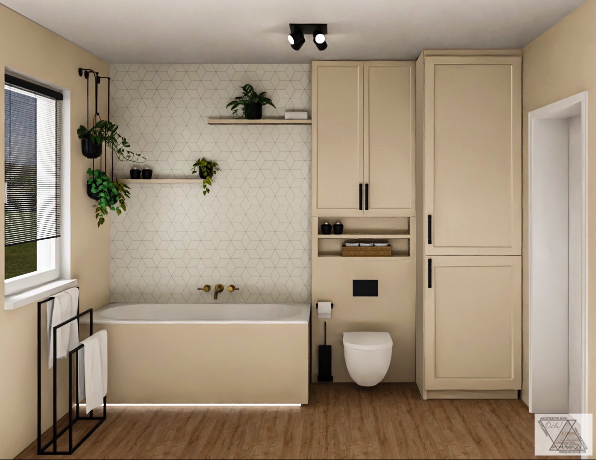 Wizualizacja beżowej łazienki z geometryczną tapetą, wiszącymi roślinami, wanną, toaletą i wysoką zabudową meblową z czarnymi uchwytami.