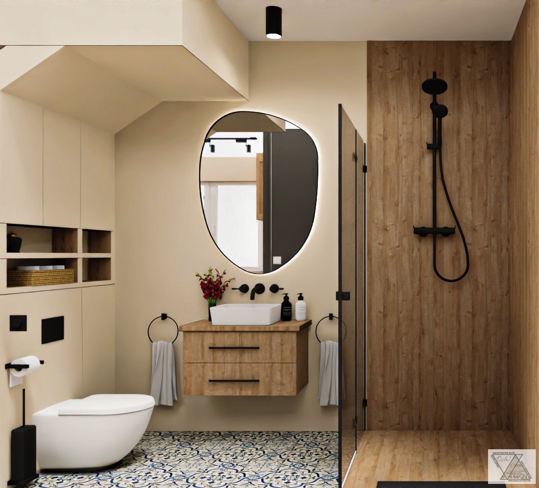 Wizualizacja nowoczesnej łazienki z drewnianymi akcentami, owalnym lustrem z podświetleniem LED, kabiną prysznicową typu walk-in i wzorzystą podłogą w odcieniach błękitu i beżu.